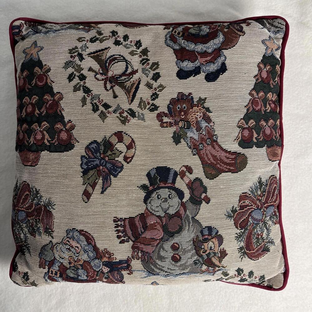 VTG Tapestry Christmas Pillow 16x16”Snowman, Santa, Christmas tree, Classic
